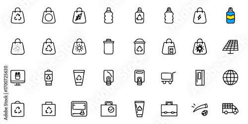 Collection of environmental and recycling icons featuring bags bottles and renewable energy symbols displayed