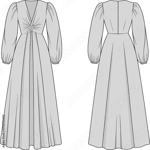 Elegant long sleeve maxi dress with twist front design, fashion garment sketch, modern apparel template, cad drawing flat vector illustration