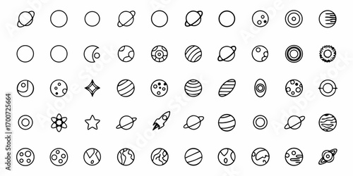 Collection of hand drawn planets moons stars and space elements in outline style for cosmic designs and decor