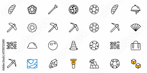 Collection of various doodle style icons including food tools and other miscellaneous objects arranged neatly