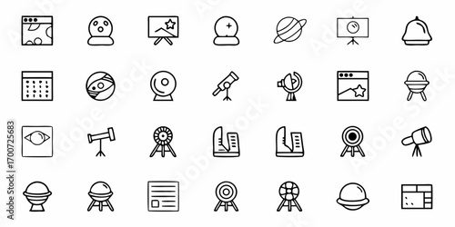 Illustration of astronomy related icons including telescopes planets and crystal balls in a vector format
