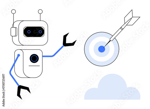 Robot with blue accents aiming at target arrow. Ideal for technology, AI advancement, precision, goals, innovation, accuracy, automation. Simple flat metaphor