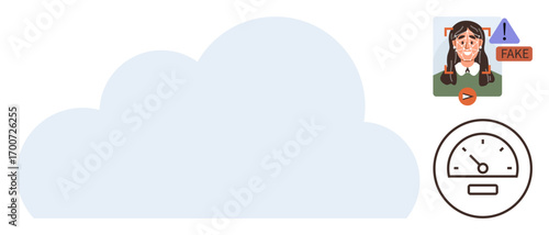 Large cloud icon, fake news alert with human face, digital gauge. Ideal for data safety, misinformation, cybersecurity, AI analysis, cloud management, online integrity simple flat metaphor
