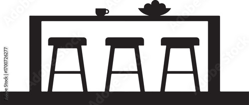 Silhouette of a bar counter with three stools and a bowl of fruit and a cup Keywords: bar, counter, stools, seating, furniture, interior, cafe, restaurant, kitchen, dining, modern, minimalist