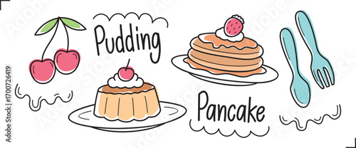 cute hand drawn pudding and pancake dessert line graphic vector