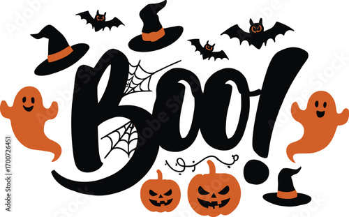 Spooky halloween boo with ghosts bats pumpkins and witch hats festive design vector t shirt design