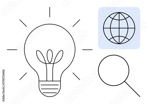 Lightbulb with growing sprout, globe, and magnifying glass symbolizing eco-friendly innovation, global connections, research, exploration, sustainability ideas, green technology, modern solutions