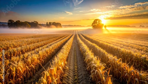 Agriculture landscape of a golden cornfield at sunrise with morning mist.