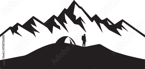 Silhouette of a Hiker with a Tent on a Mountain Ridge with Jagged Peaks Keywords: hiker, silhouette, tent, camping, mountain, ridge, peaks, jagged, adventure, exploration, outdoor, nature, travel