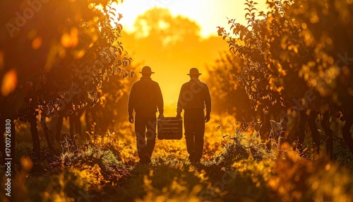 Agriculture scene of two farmers walking through a sunlit vineyard at sunrise.