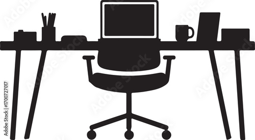 Black silhouette of a desk with a laptop, chair, and office supplies computer