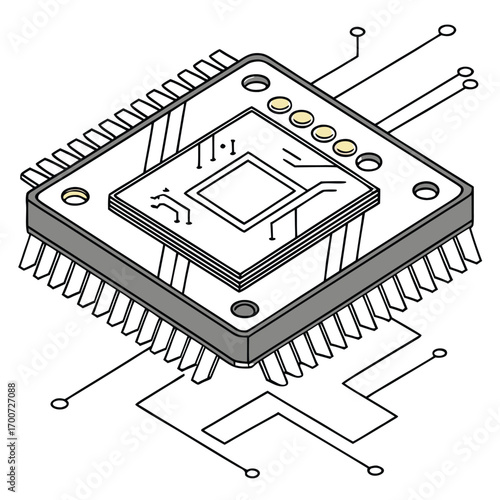 Detailed Isometric Microprocessor with Pins microchip