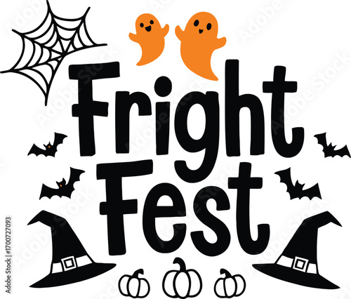 Spooky fright fest halloween celebration with ghosts bats pumpkins and witch hats design vector t shirt design