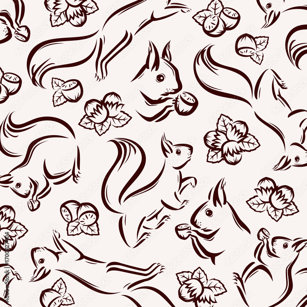 Fototapeta premium Squirrel background, pattern set. Collection icons squirrel. Vector