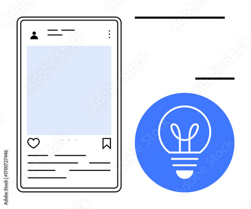 Mobile post interface with thumbs up, comment, and save options alongside blue bulb icon. Ideal for innovation, creativity, social media, technology, marketing, content creation simple landing page