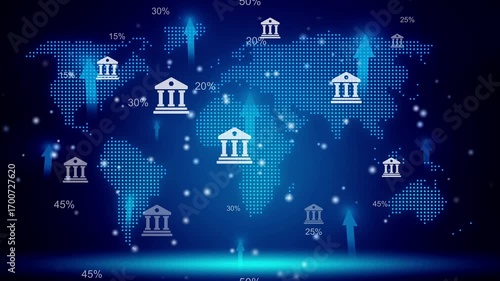 Global Financial Growth Banking Institutions Worldwide Economic Expansion Upward Trends Percentage Indicators Digital World Map Technology Finance Business Success
