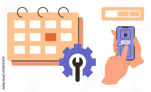 Hands using a smartphone to unlock screen next to a calendar and gear icon. Ideal for security, time management, organization, productivity, scheduling, technology, online access. Simple flat