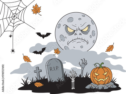 Halloween scene with a grumpy moon, tombstones, and a jack-o'-lantern in a spooky graveyard setting.