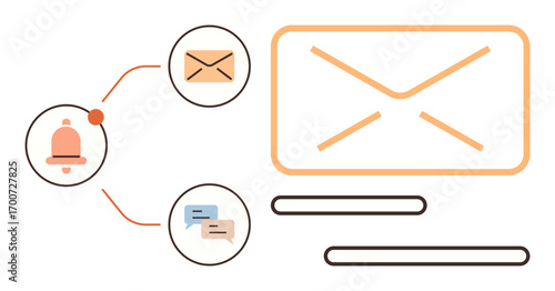 Orange email, notification bell, and messaging bubbles connected via lines. Ideal for communication, email marketing, notifications, messaging, work productivity, coordination simple flat metaphor
