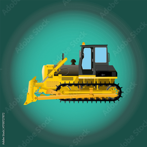 Miniature and realistic flat icon of a crawler tractor, bulldozer. Vector illustration. Construction machinery, equipment.