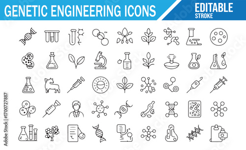 Biology and science icon set featuring DNA, petri dish, and research equipment