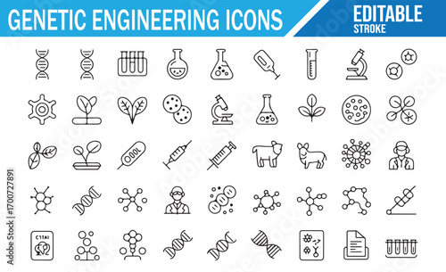 Genetic research icons in thin line style with plant, animal, and molecular symbols