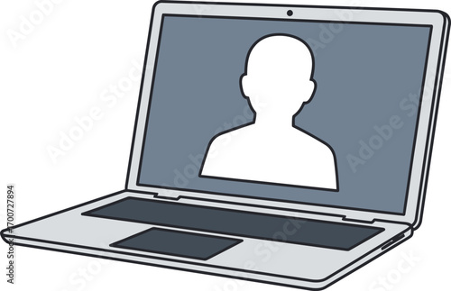 Laptop with a silhouette of a person on the screen isolated on white background, symbolizing online meeting