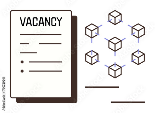 Job vacancy application form beside interconnected 3D cubes symbolizing blockchain. Ideal for recruitment, blockchain hiring, decentralization, job search, innovation, future technology, simple flat