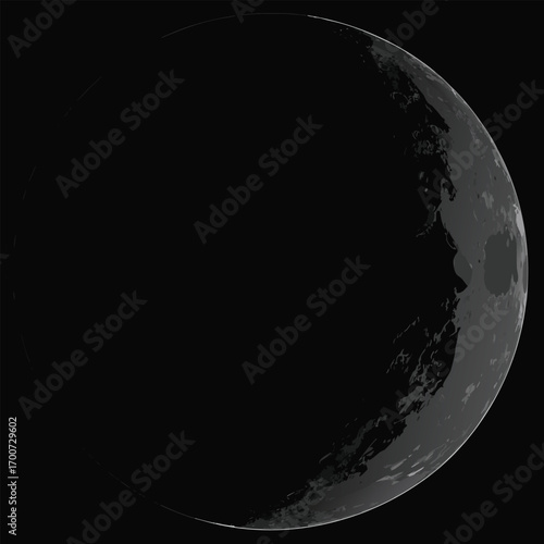 Crescent moon reveals detailed texture against the vast, dark, and infinite background