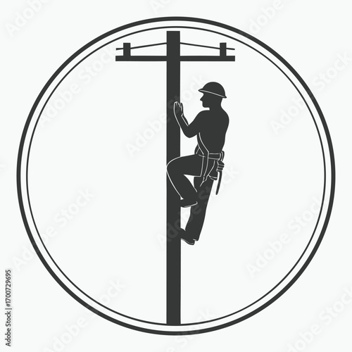 Silhouette shows lineman in hardhat climbing utility pole inside the double circle