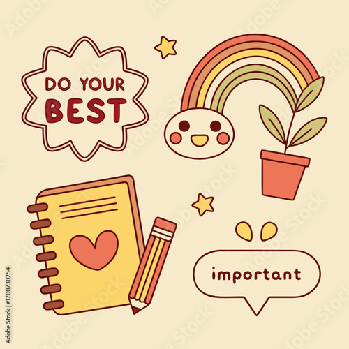 Cute study showing notebook, pencil, speech bubble and rainbow for positivity and focus