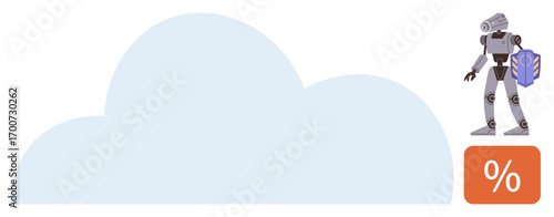 Robot with a backpack beside a cloud and percentage icon. Ideal for technology, AI, automation, data storage, digital progress, innovation, cloud computing. Simple flat metaphor
