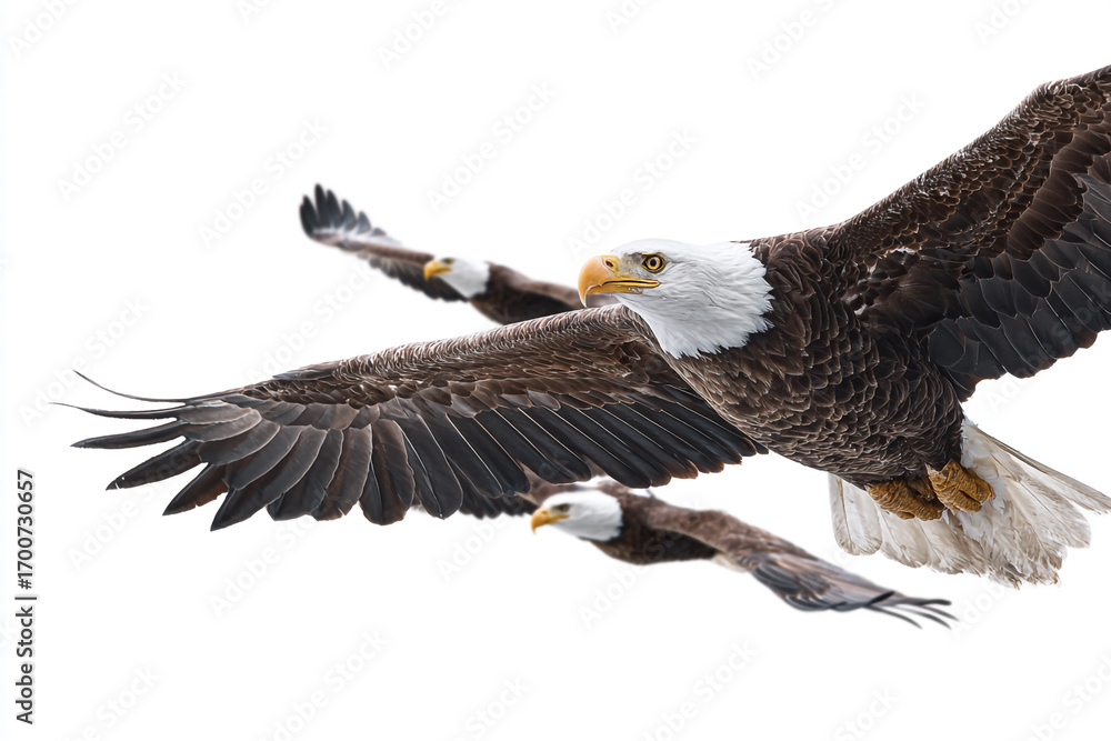 Fototapeta premium Majestic bald eagles soaring in flight wings spread wide against a white background
