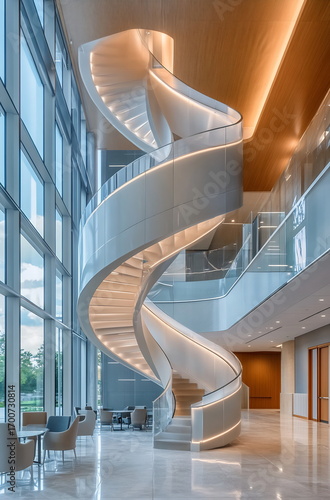Bright lobby with spiral stairs