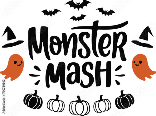 Spooky monster mash halloween party decorations festive bats ghosts pumpkins and witch hats for celebrations vector t shirt design