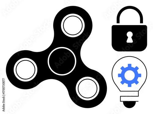 Black fidget spinner, secure lock, lightbulb with gear inside. Ideal for concepts of focus, creativity, problem-solving, security, innovation brainstorming and productivity. Simple flat metaphor