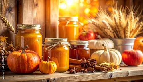 Autumn harvest scene with pumpkins, canned goods, and spices on a rustic wooden shelf.