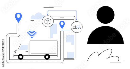 Delivery truck navigating mapped route with location pins, wireless signals, package icon, and digital device. Ideal for transportation, logistics, supply chain, connectivity, technology management