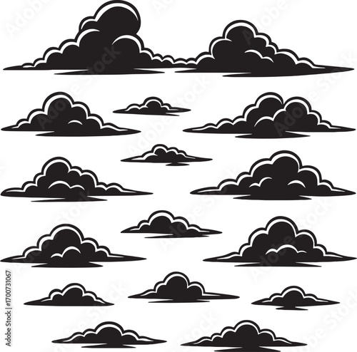 Collection of stylized black and white illustrations of various cloud formations against a white background