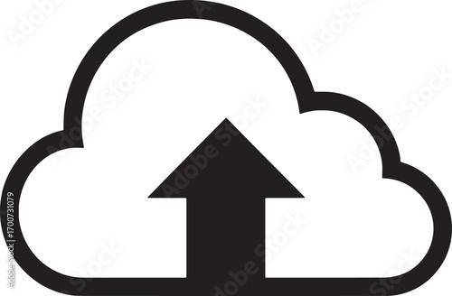 Simple black and white icon depicting a cloud with an upward arrow symbolizing upload or data transfer