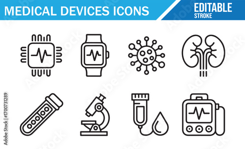 Vector medical device icons collection for healthcare and clinical diagnostics