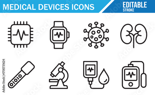 Line art medical devices icons set including ECG chip, smartwatch, virus structure, kidney organ, thermometer, microscope, IV infusion, blood drop, and patient monitor in editable stroke outline style