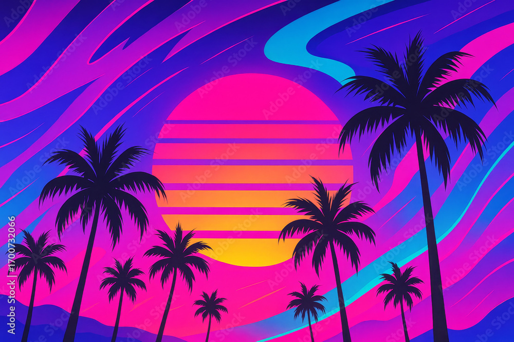 Naklejka premium Pop art vaporwave background with glowing sunset gradients in neon purple electric pink and teal blue, comic inspired abstract design featuring palm tree silhouettes for dreamy futuristic wallpaper
