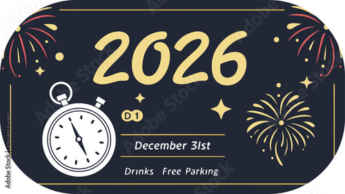 New Year's Eve 2026 party invitation with fireworks clock and champagne details celebration