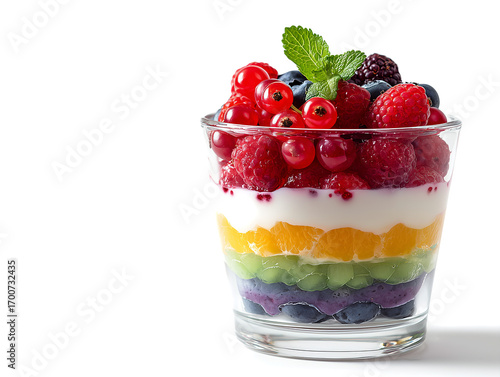 Wallpaper Mural Layered fruit and yogurt parfait with berries and mint in a glass on white background Torontodigital.ca