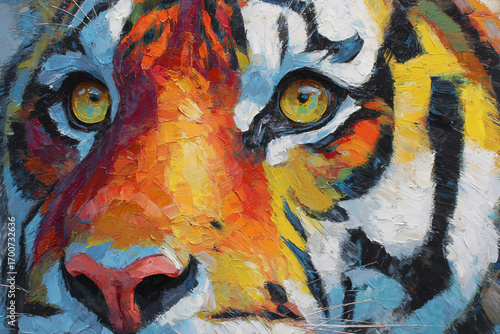 Wallpaper Mural Vibrant tiger portrait impasto painting bold colors intense gaze wildlife art Torontodigital.ca