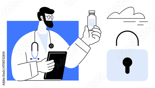 Healthcare professional holding tablet and vial, padlock, and cloud in background. Ideal for medical data safety, confidentiality, technology, healthcare innovation, research, solutions simple flat