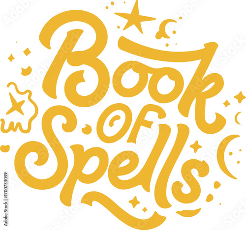 Magical book of spells with stars and crescent moon decorative typography design vector t shirt design