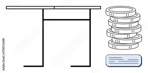 Minimalist table setup with a stack of coins and a rectangular document. Ideal for finance, budgeting, savings, minimalist workspace, investment, economy, and simple flat metaphor