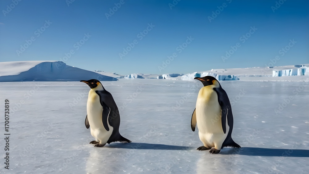 Obraz premium Two emperor penguins stand side by side on the icy expanse of Antarctica, with distant icebergs and clear blue skies framing a breathtaking scene of wildlife, resilience, and the frozen beauty of the 